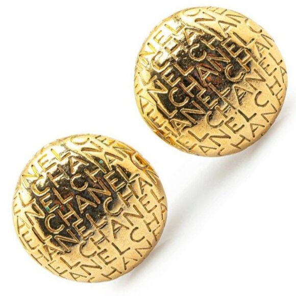 CHANEL Logos Round Clip-On Earrings Gold Tone Auth #3947 - Picture 1 of 4